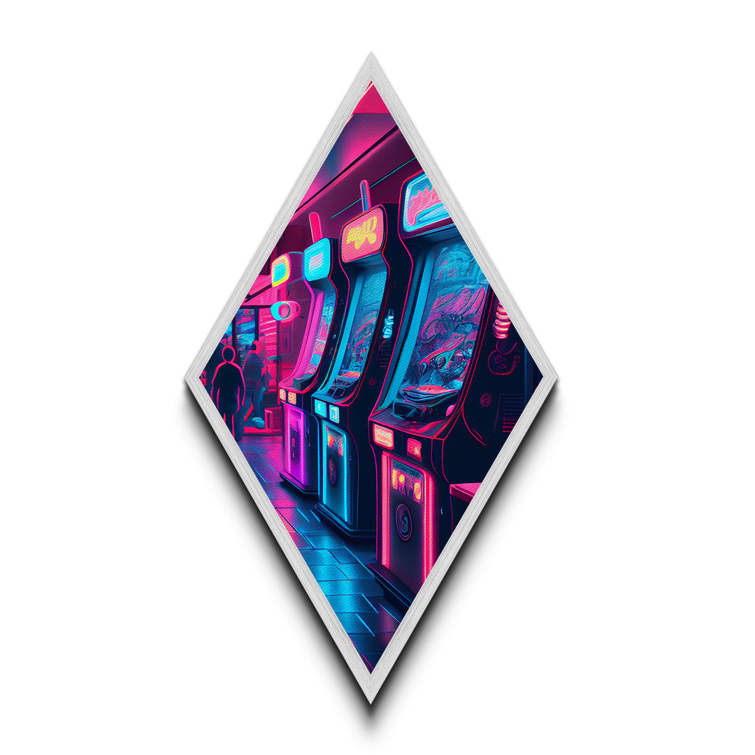 Neon Arcade Lights Diamond Shaped Canvas Textured Print, Retro Gaming Room Wall Art, Vaporwave Decor Gamer Gift Print