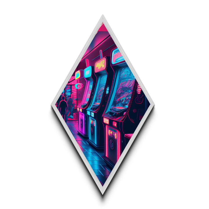 Neon Arcade Lights Diamond Shaped Canvas Textured Print, Retro Gaming Room Wall Art, Vaporwave Decor Gamer Gift Print