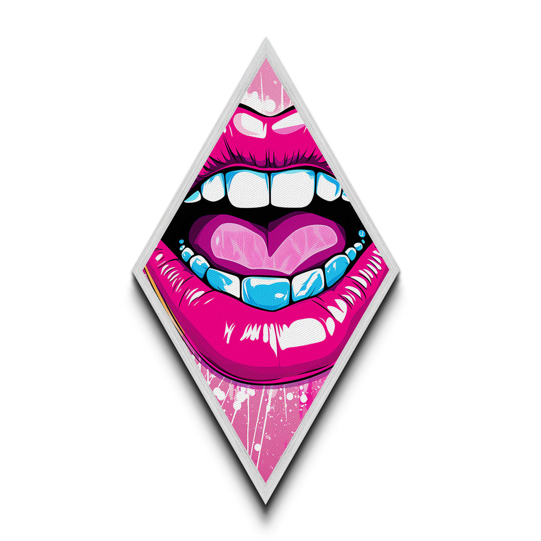 Pop Lips with Heart Tongue – Canvas Embossed Print Bold Urban Wall Art, Neon Aesthetic, Diamond Decor, Graphic Modern Home Accent