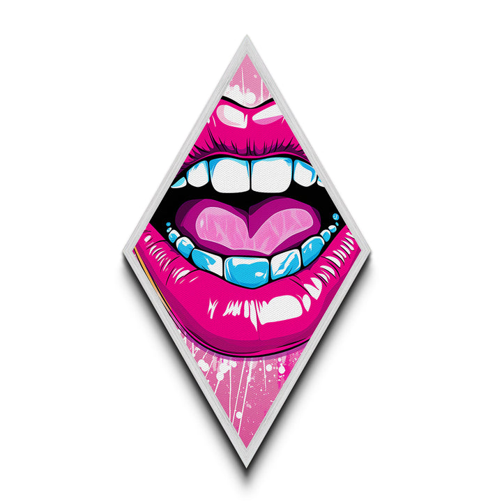 Pop Lips with Heart Tongue – Canvas Embossed Print Bold Urban Wall Art, Neon Aesthetic, Diamond Decor, Graphic Modern Home Accent