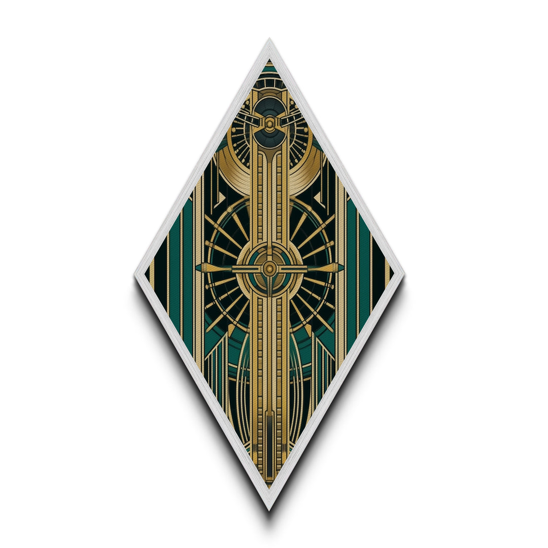 Emerald Axis Radiance – Diamond Shaped Canvas Embossed Print in gold green teal art deco, luxury retro wall accent with celestial symmetry