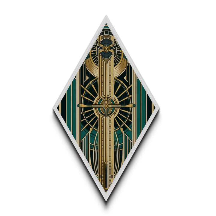 Emerald Axis Radiance – Diamond Shaped Canvas Embossed Print in gold green teal art deco, luxury retro wall accent with celestial symmetry