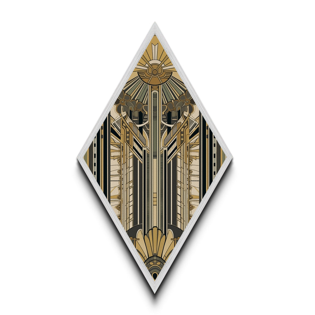 Empire Art Deco – Diamond Shaped Canvas Textured Print with golden structural symmetry, skyscraper inspired vertical abstract vintage glam