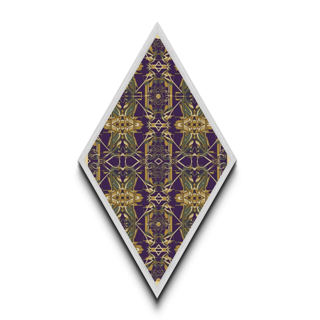 Royal Deco Mirage – Diamond Shaped Canvas Textured Print with purple gold repeating motif, symmetrical kaleidoscope retro wall pattern