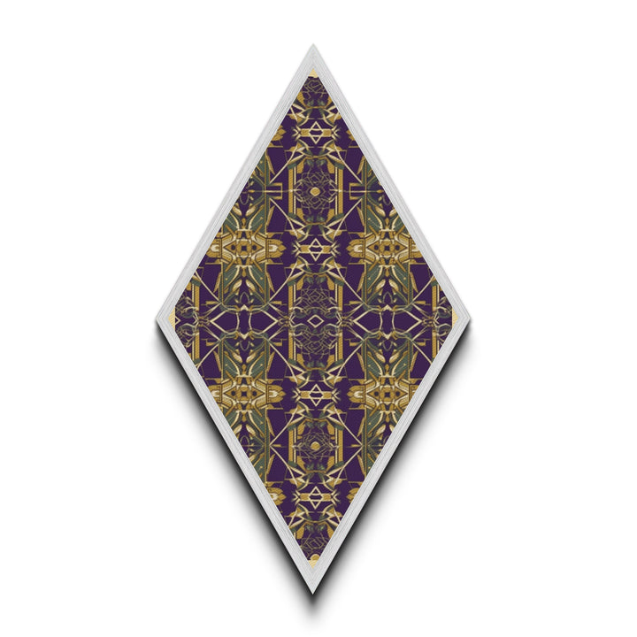 Royal Deco Mirage – Diamond Shaped Canvas Textured Print with purple gold repeating motif, symmetrical kaleidoscope retro wall pattern