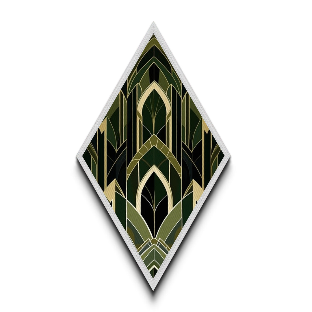 Forest Cathedral Deco – Diamond Shaped Canvas Art Print in deep green and gold, gothic geometric elegance with ornate symmetrical style
