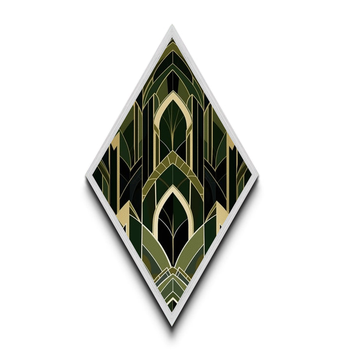 Forest Cathedral Deco – Diamond Shaped Canvas Art Print in deep green and gold, gothic geometric elegance with ornate symmetrical style