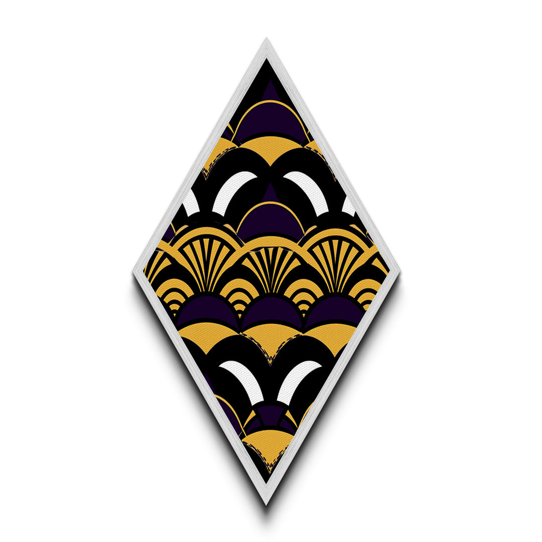 Jazz Nouveau Fanburst – Diamond Shaped Canvas Art Print with bold purple yellow scallops, roaring twenties vintage Gatsby fan pattern design