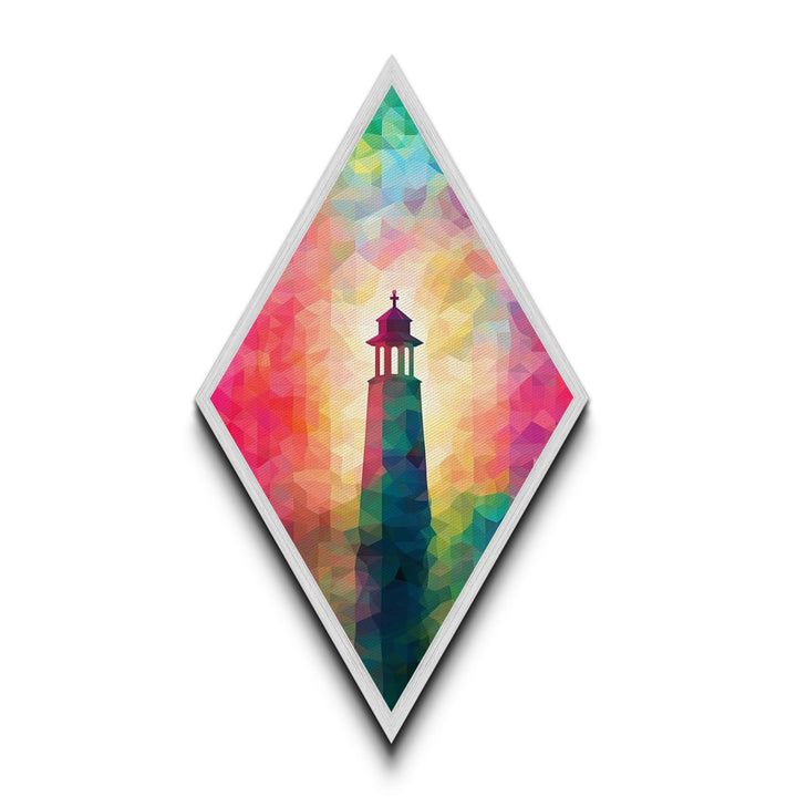 Prism Glow Lighthouse Diamond Shaped Canvas Embossed Print, Geometric Pastel Coastal Art, Modern Rainbow Nautical Scene