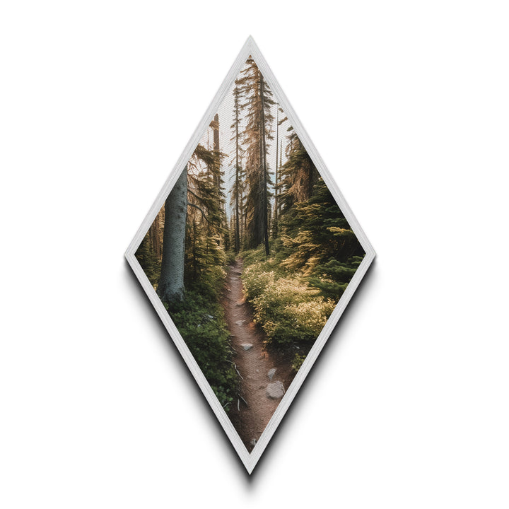 Forest Pathway Trail Diamond Shaped Canvas Textured Print, Serene Woodland Hike Decor, Earthy Green Landscape Art Print