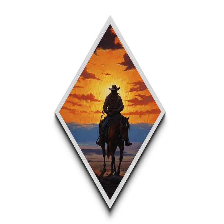 Cowboy Sunset Ride Diamond Shaped Western Horseback Silhouette Canvas Art Print Dramatic Sky Rustic Wall Decor Ranch Theme