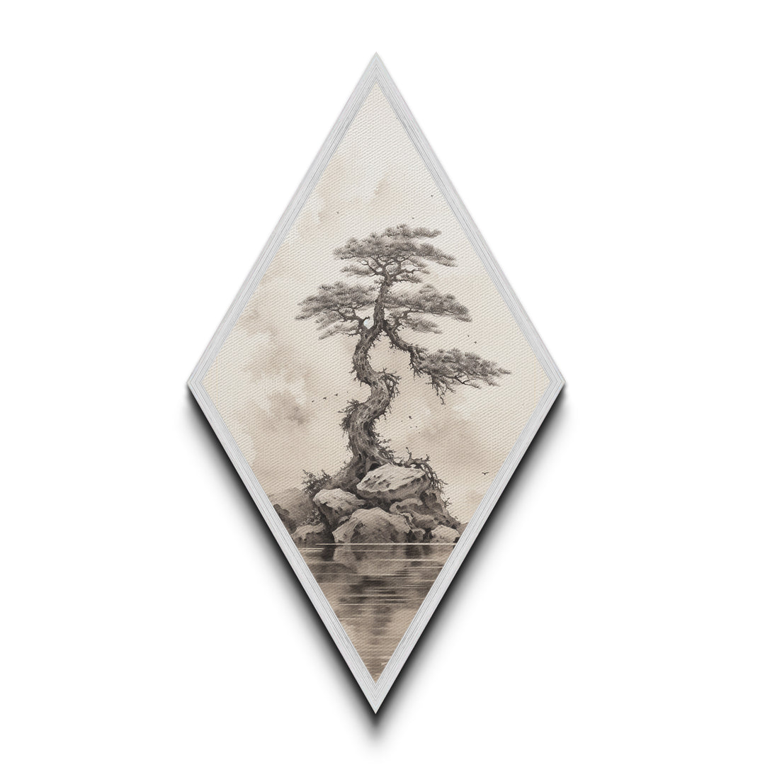 Charcoal Sketch of a Bonzai, Bonsai Tree Wall Art, Diamond Shaped Canvas Art Print, MCM Wall Decor, Odd Wall Art, Japanese Style Artwork