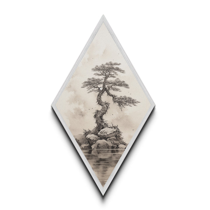Charcoal Sketch of a Bonzai, Bonsai Tree Wall Art, Diamond Shaped Canvas Art Print, MCM Wall Decor, Odd Wall Art, Japanese Style Artwork