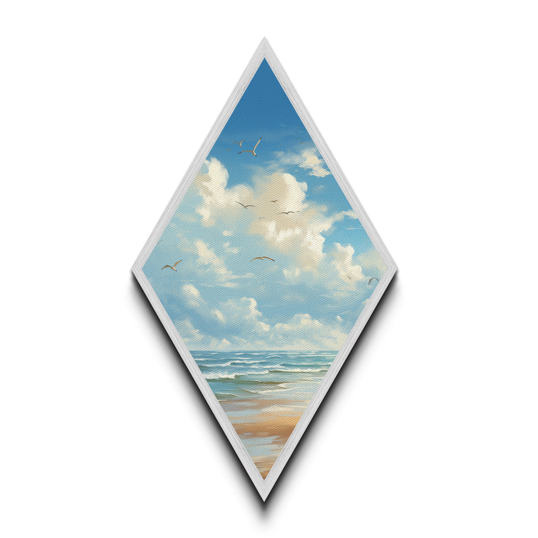 Ocean Breeze Shore Diamond Shaped Seagull Sky Beach Scene Canvas Textured Print Serene Coastal Wall Decor Nautical Landscape