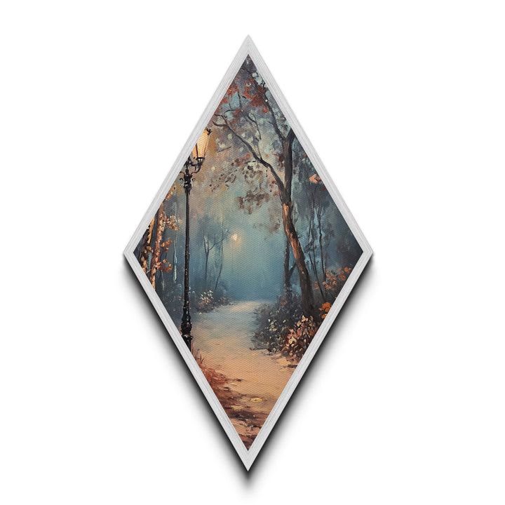 Diamond Shaped Foggy Forest Pathway, misty woodland Canvas Art Print, serene landscape painting, autumn moody nature trail home decor