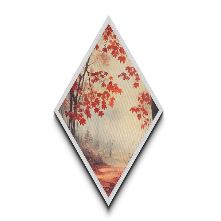 Diamond Shaped Scarlet Leaf Mist Scene, tranquil fall forest Canvas Art Print, red maple foliage decor, ethereal seasonal wall artwork