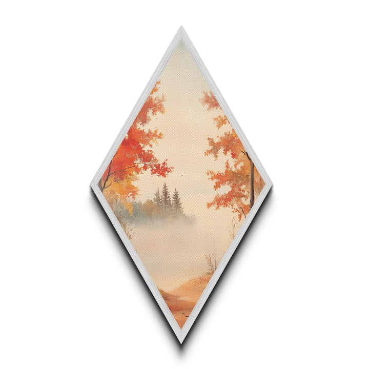 Golden Autumn Path – Diamond Shaped Canvas Art Print, misty fall landscape wall decor, seasonal forest artwork, rustic nature home accent