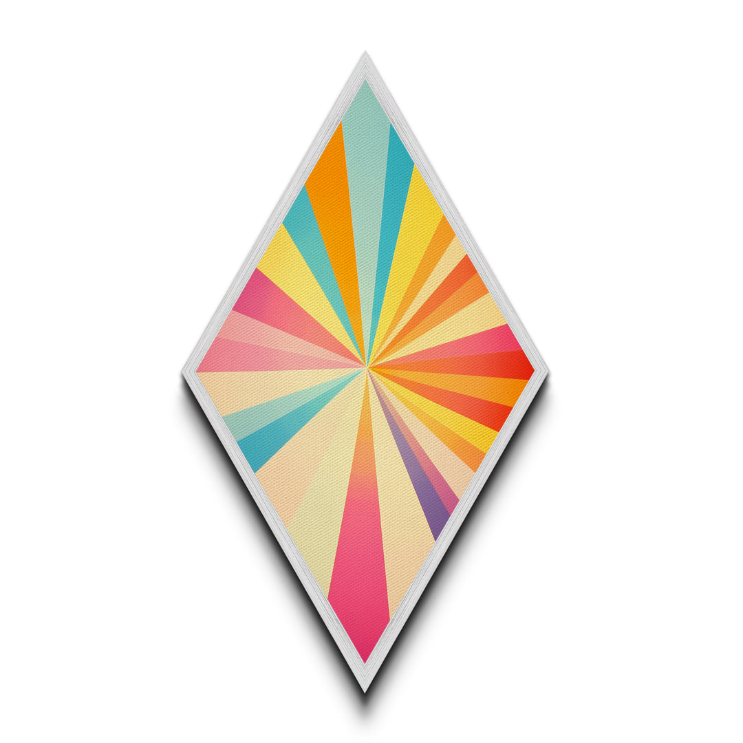 Prism Spectrum Starburst – Diamond Shaped Canvas Textured Print, retro geometric pattern artwork, modern bright pop wall home decoration