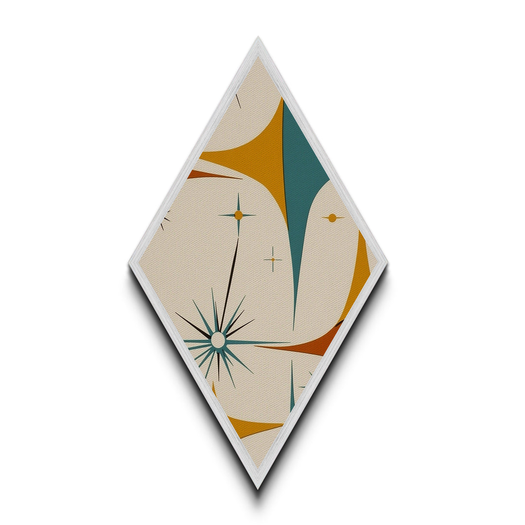 Mod Starflare Geometry – Diamond Shaped Canvas Art Print, retro atomic burst wall design, teal orange star pattern, midcentury home decor
