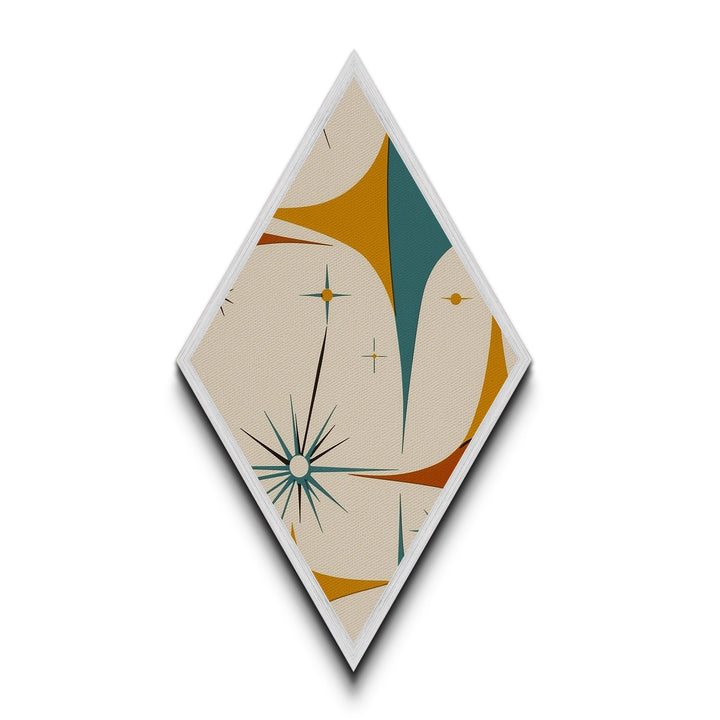Mod Starflare Geometry – Diamond Shaped Canvas Art Print, retro atomic burst wall design, teal orange star pattern, midcentury home decor