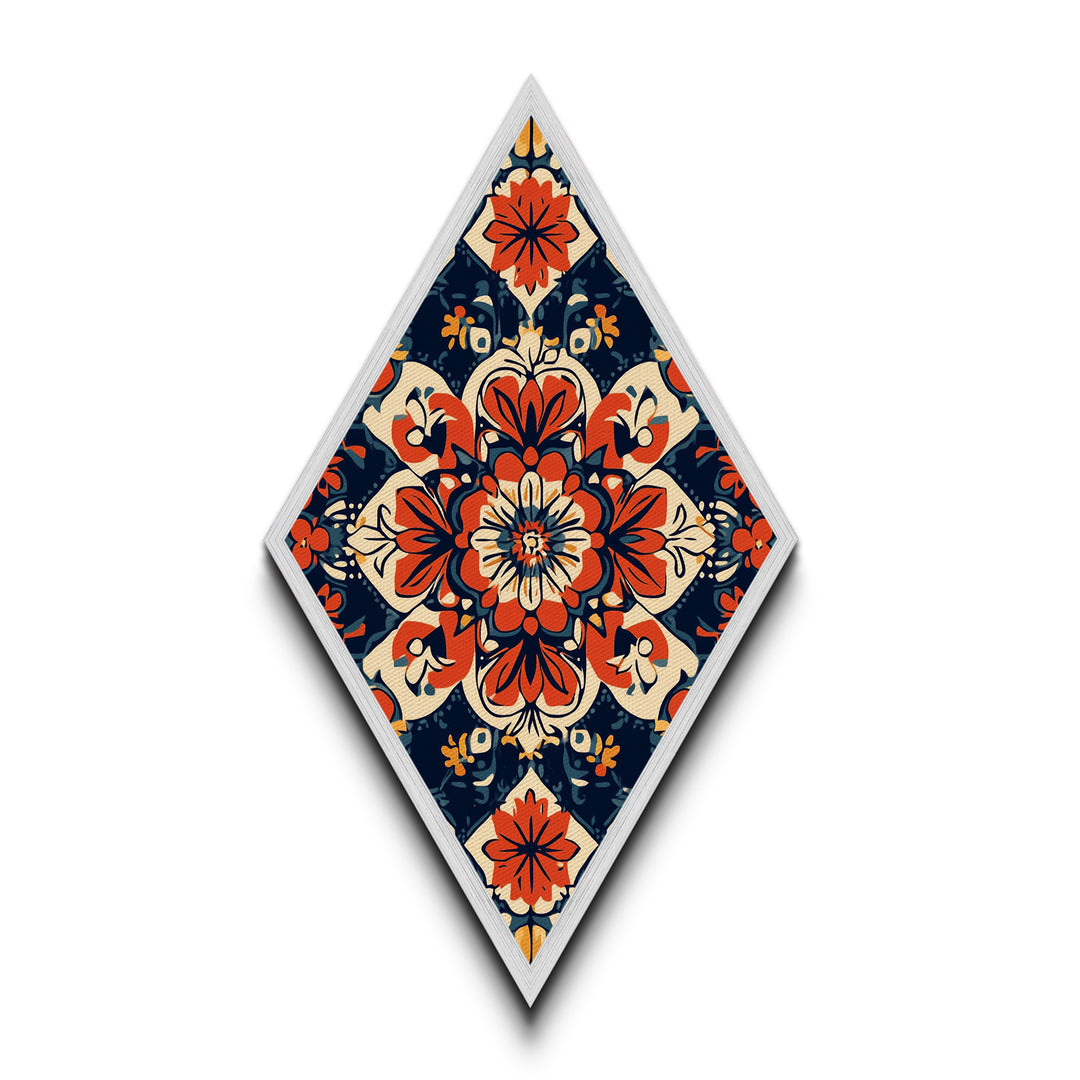 Floral Tile Harmony Diamond Shaped Canvas Art Print with bold folk pattern red navy decorative symmetry boho home accent Mediterranean decor