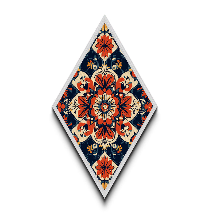 Floral Tile Harmony Diamond Shaped Canvas Art Print with bold folk pattern red navy decorative symmetry boho home accent Mediterranean decor