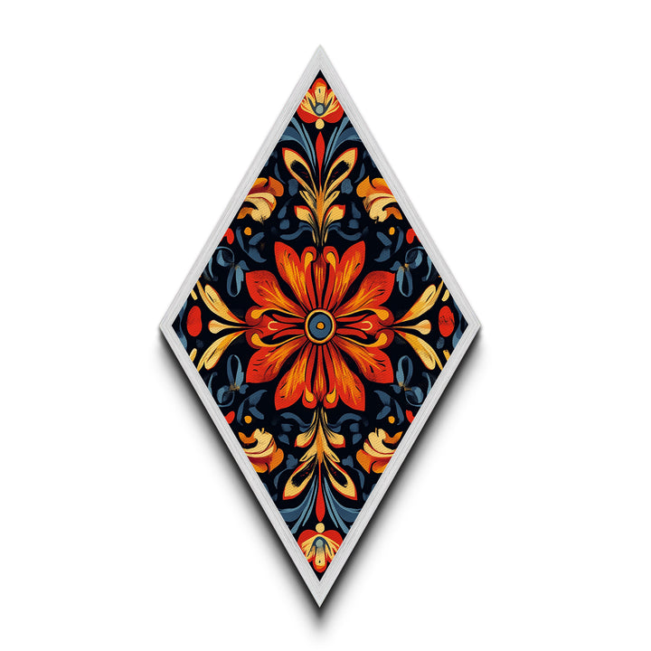 Crimson Bloom Folk Diamond Shaped Canvas Embossed Print featuring stylized red floral design dark background ethnic boho wall art vibrant palette