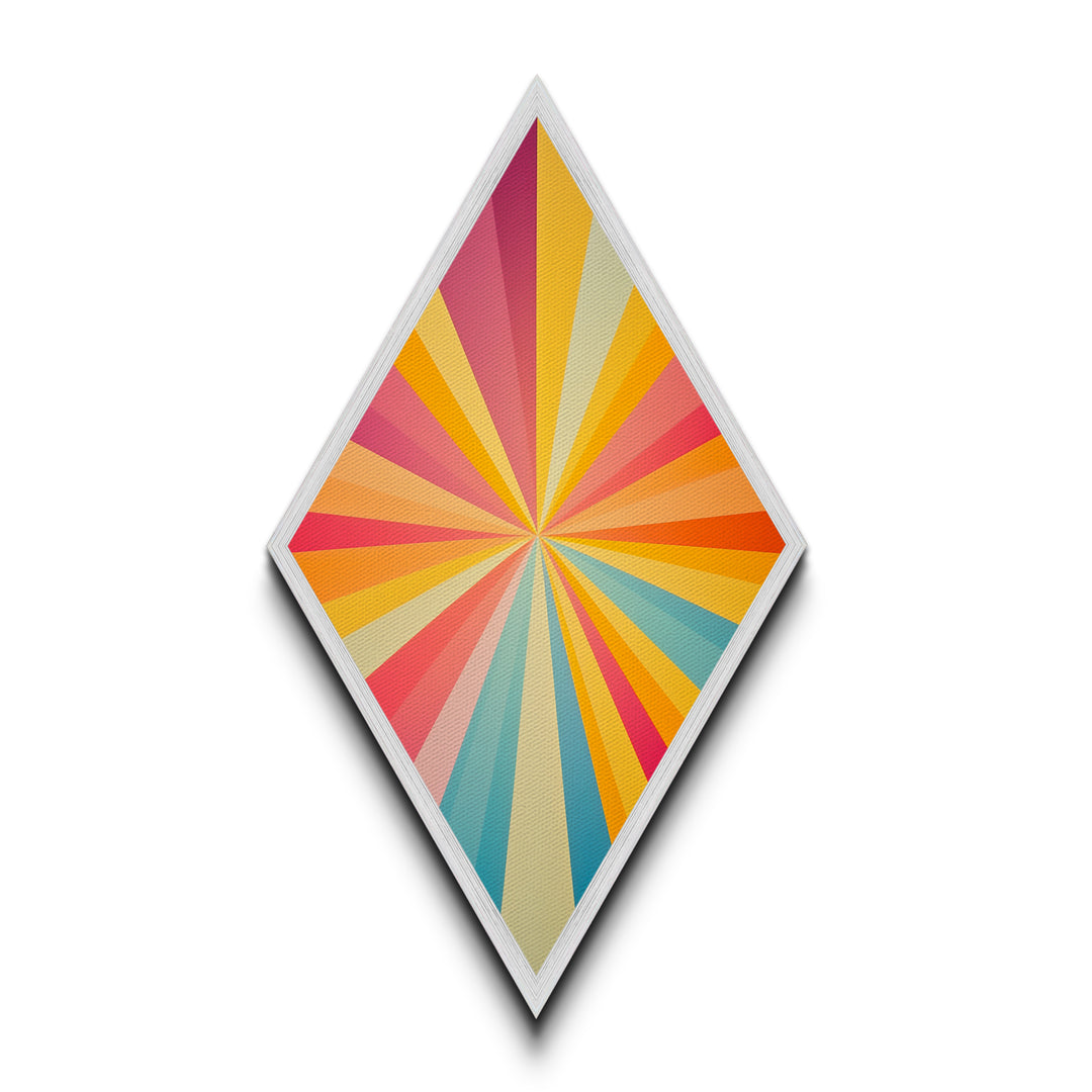Radiant Retro Burst Diamond Shaped Canvas Art Print with sunshine ray design vivid rainbow starburst midcentury modern energy abstract wall decor