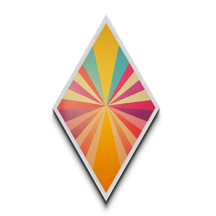 Sunshine Spectrum Pop Diamond Shaped Canvas Embossed Print with bold pastel starburst explosion midcentury vibes colorful retro geometric wall art
