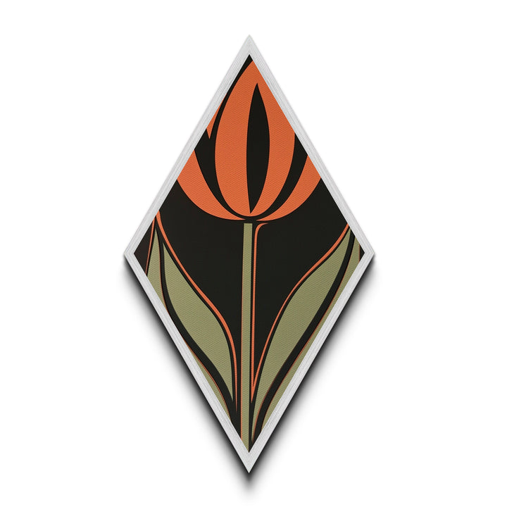 Atomic Tulip — Diamond Shaped Canvas Embossed Print perfect bedroom or gallery wall decor featuring retro tulip style orange green modern art
