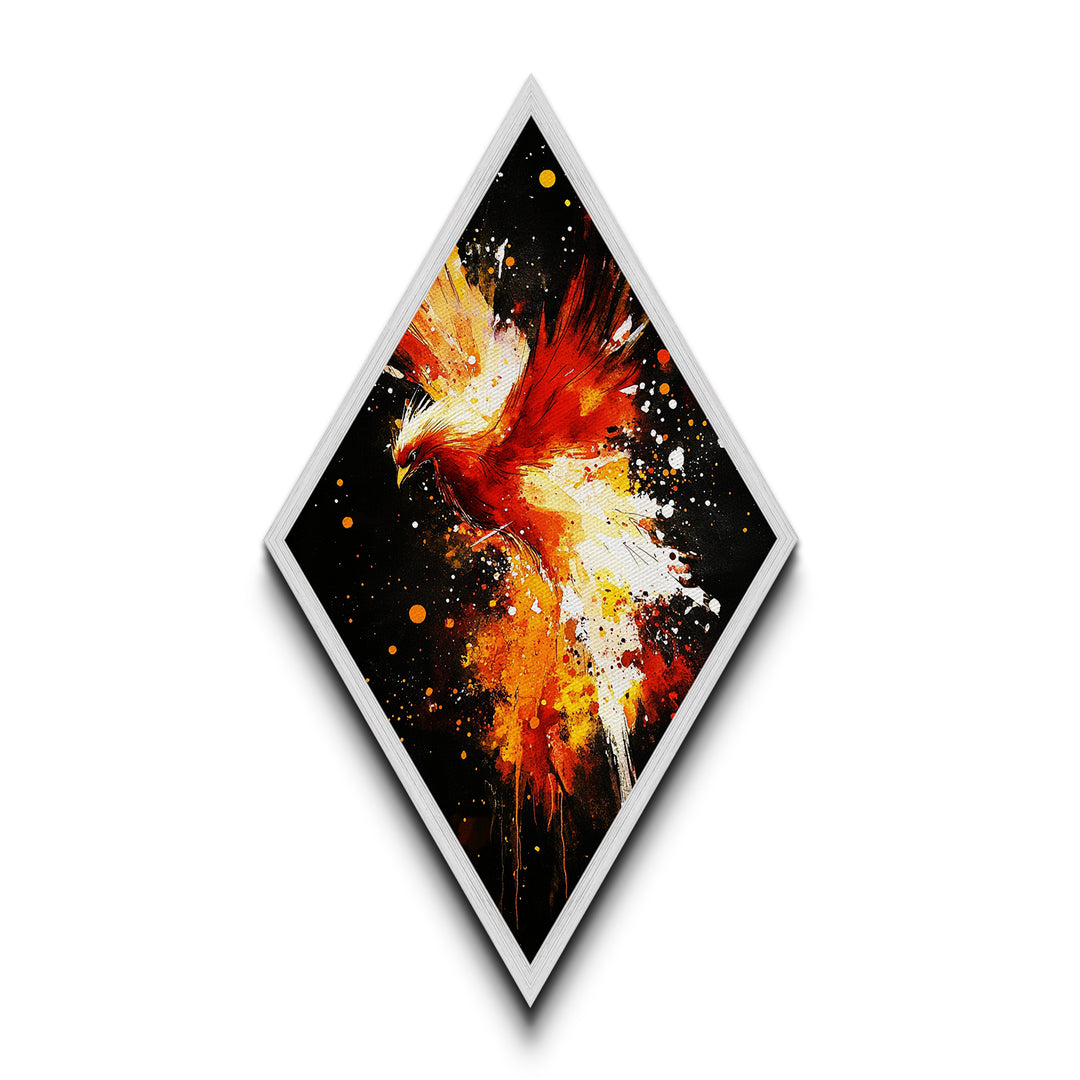 Inferno Flight Phoenix Diamond Shaped Canvas Textured Print, Red Fire Bird Wall Art, Bold Mythical Creature Modern Painting