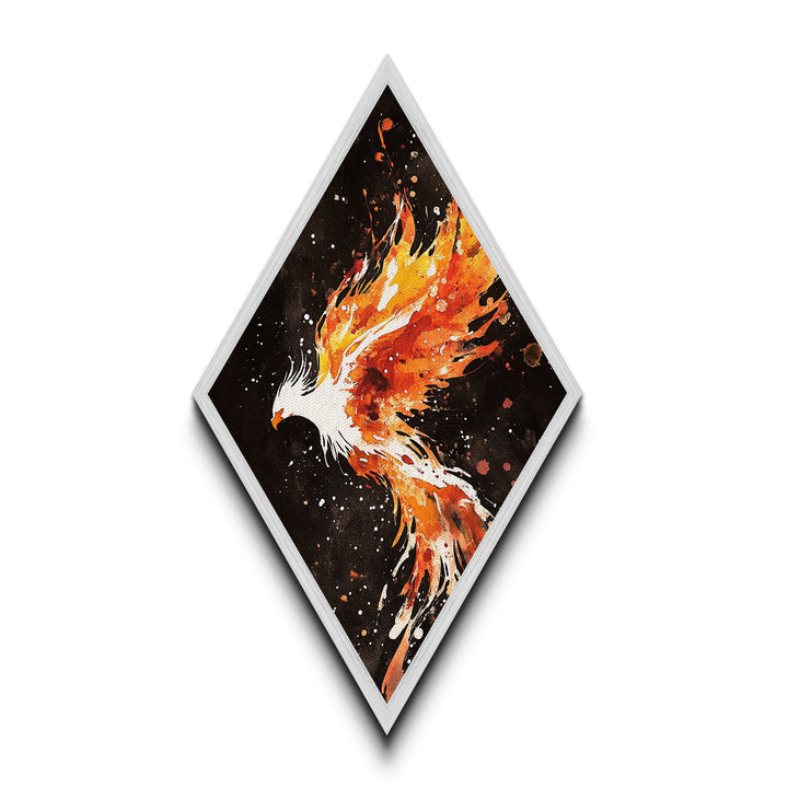Firebird Soaring Burst Diamond Shaped Canvas Art Print, Fiery Phoenix Painting, Mystical Wall Decor in Black and Orange
