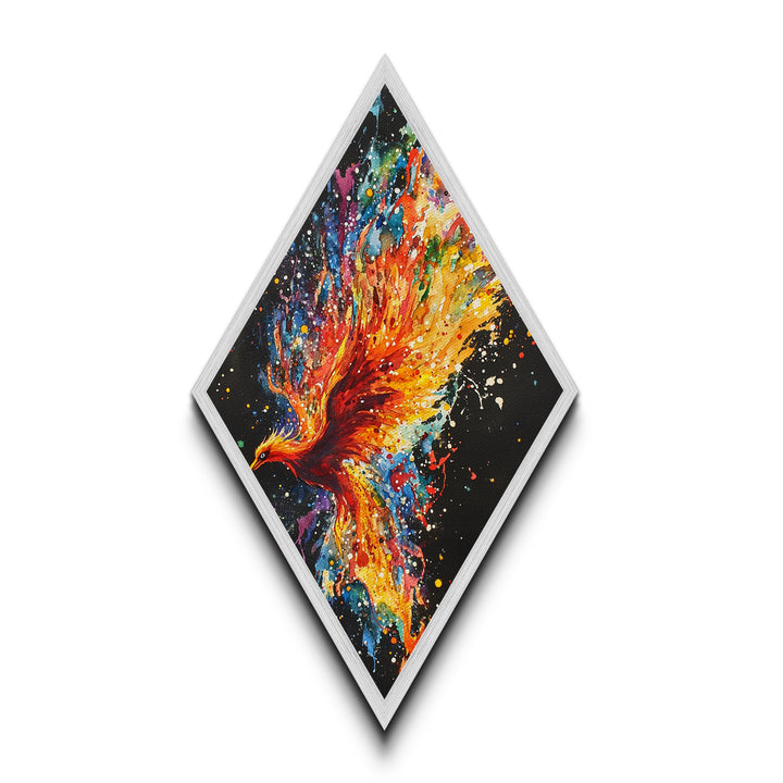 Cosmic Phoenix Bloom Diamond Shaped Canvas Embossed Print, Vibrant Color Splash Wall Art, Celestial Bird Fantasy Artwork