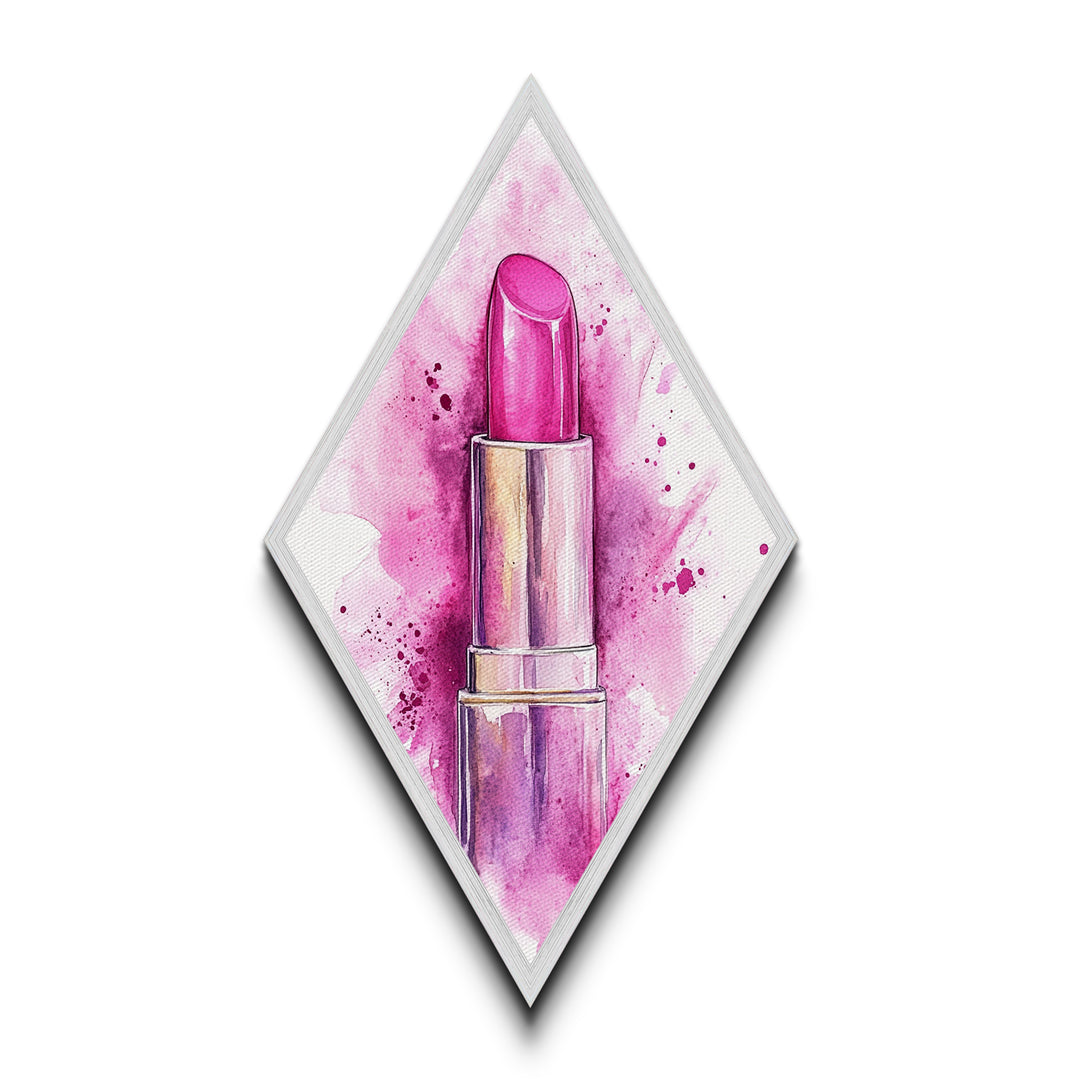 Pink Lipstick Glam Diamond Shaped Canvas Embossed Print, Watercolor Makeup Wall Art, Feminine Beauty Fashion Illustration