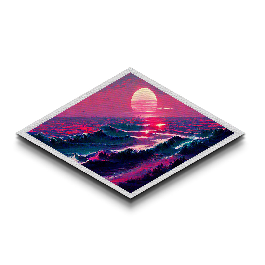 Crimson Horizon Sunset Diamond Shaped Ocean Landscape Canvas Embossed Print Coastal Red Waves Modern Nautical Wall Art Home Decor