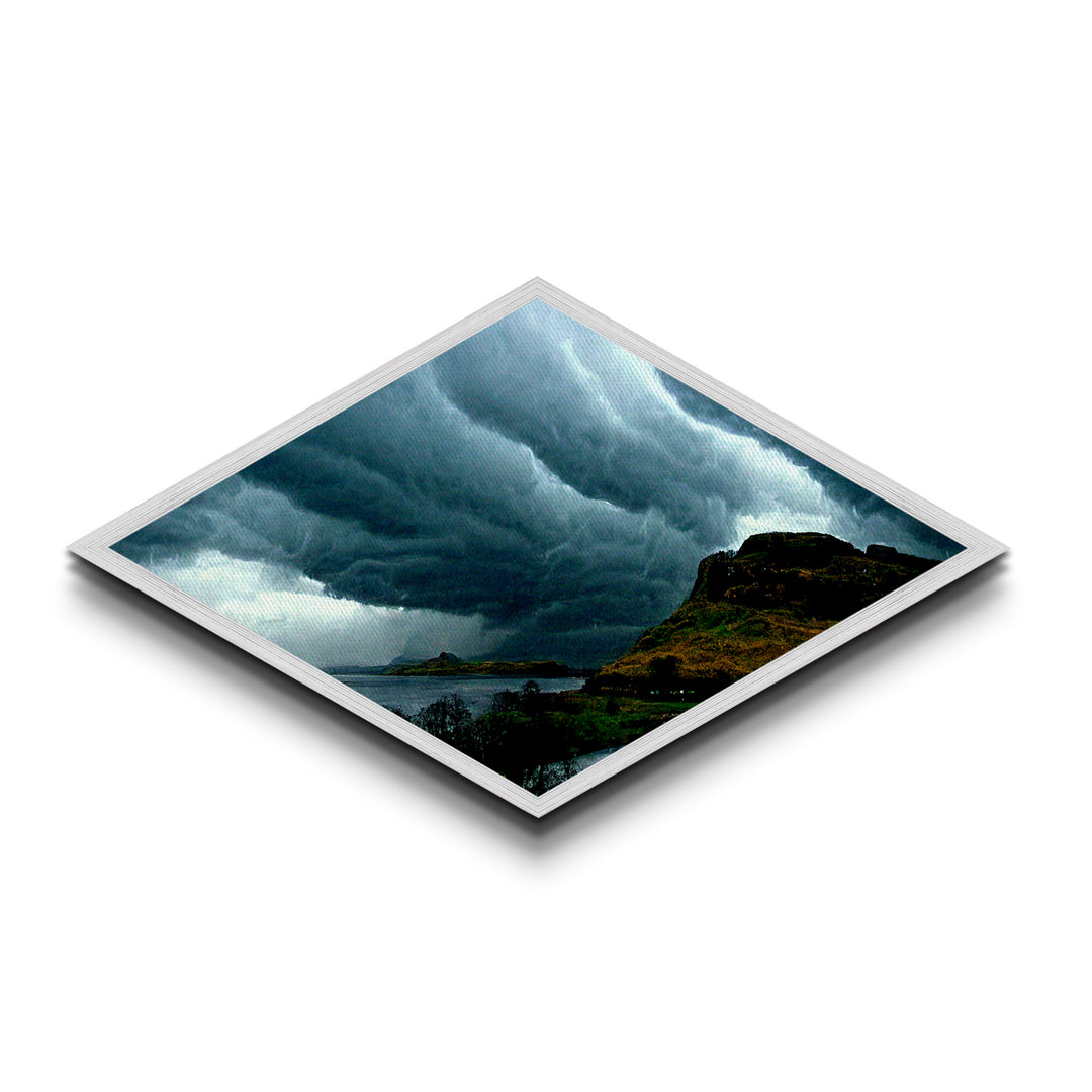Rolling Storm Clouds Diamond Shaped Castle View Canvas Textured Print Turbulent Sky Landscape Dramatic Weather Gothic Wall Decor