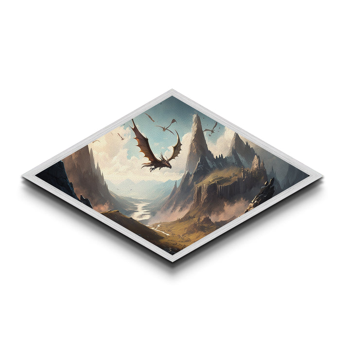 Firewing Highlands – Diamond Shaped Fantasy Dragon Landscape Canvas Art Print with epic flying creatures, medieval scenery, and vivid detail