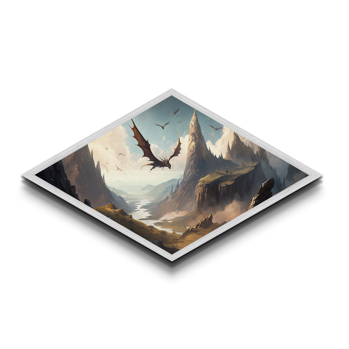 Skyblade Realms – Diamond Shaped Flying Dragon Kingdom Canvas Art Print with fantasy mountain range, medieval cliffs, and cinematic style