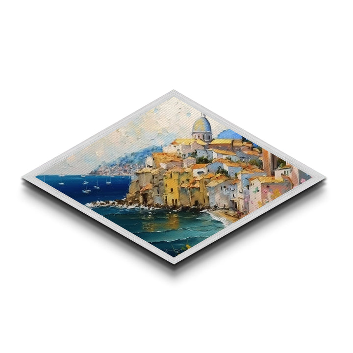 Amalfi Shoreline – Diamond Shaped Mediterranean Village Seascape Canvas Textured Print with coastal architecture, oil painting texture