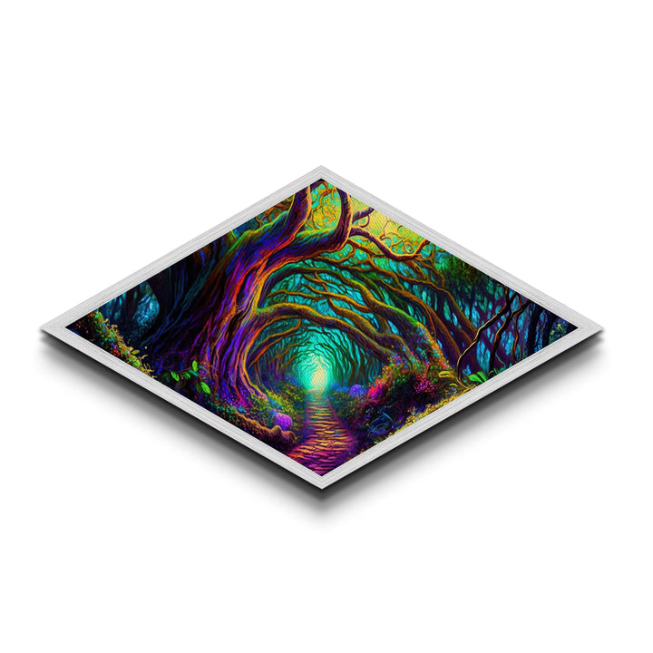 Enchanted Rootway – Diamond Shaped Mystical Forest Tunnel Canvas Embossed Print with neon glow trees, fantasy flora, and glowing path