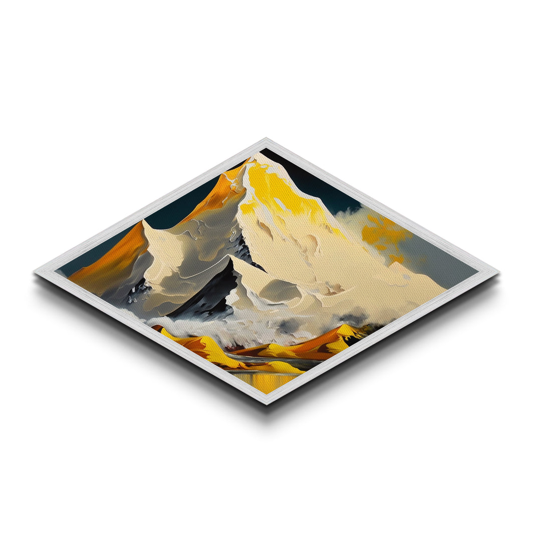 Gilded Summit – Diamond Shaped Golden Mountain Landscape Canvas Embossed Print with snow peaks, yellow ridge lines, and stylized range