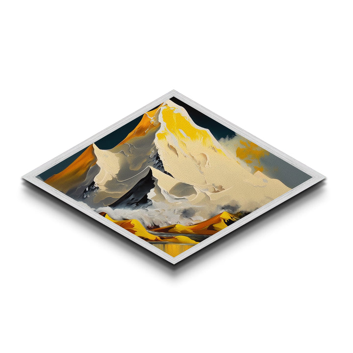 Gilded Summit – Diamond Shaped Golden Mountain Landscape Canvas Embossed Print with snow peaks, yellow ridge lines, and stylized range