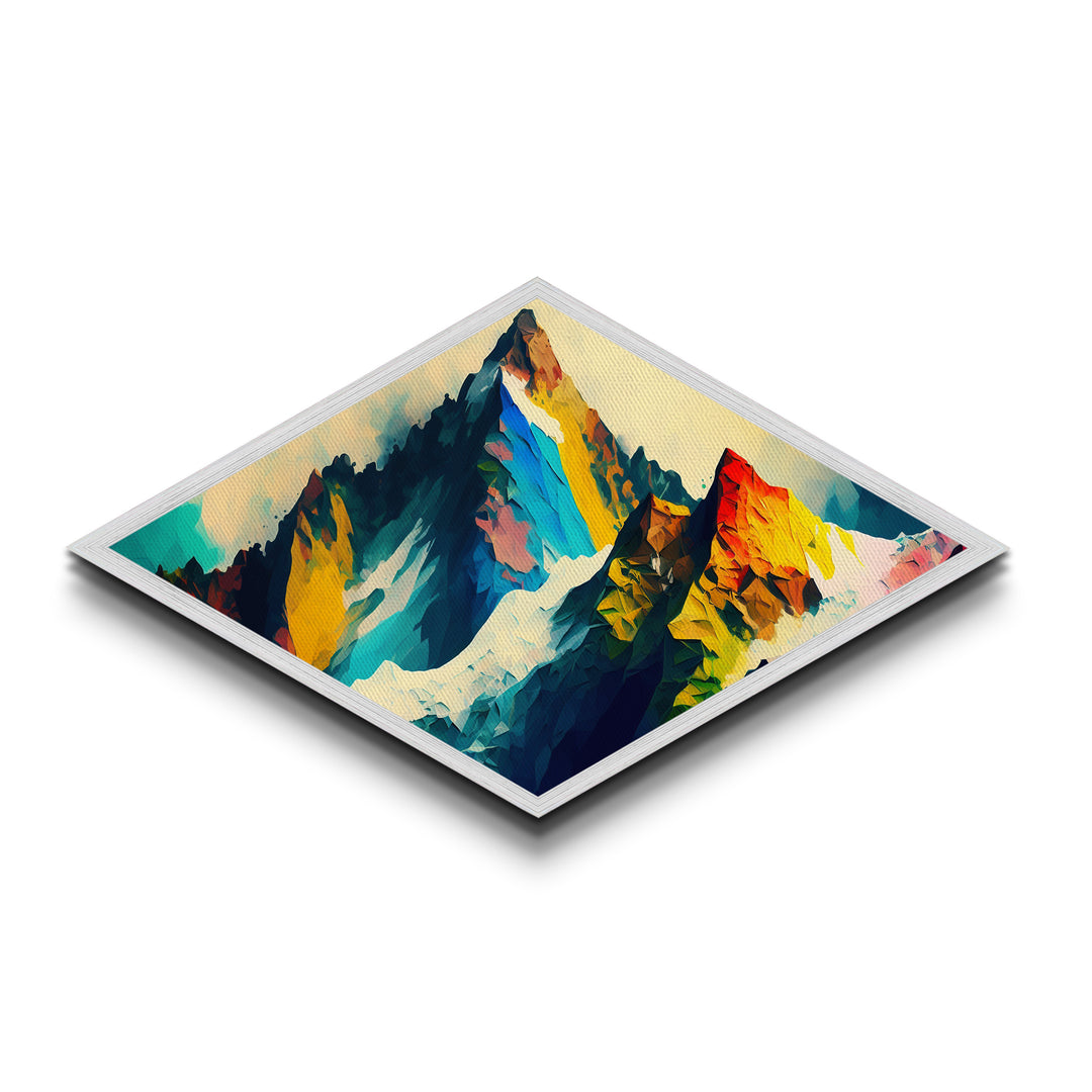 Crystalline Alps – Diamond Shaped Abstract Rainbow Peaks Canvas Textured Print with polygonal mountain terrain, bold geometric strokes