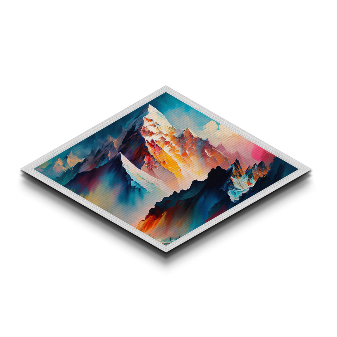 Aurora Range – Diamond Shaped Vibrant Alpine Mountains Canvas Art Print with icy summits, glowing pink sky, and fantasy ridge view