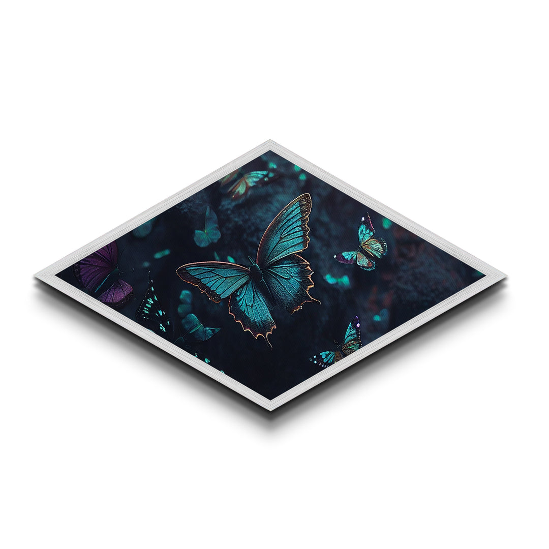 Nocturne Butterflies – Diamond Shaped Midnight Forest Insects Canvas Embossed Print with glowing wings, bioluminescent ambiance, deep tones