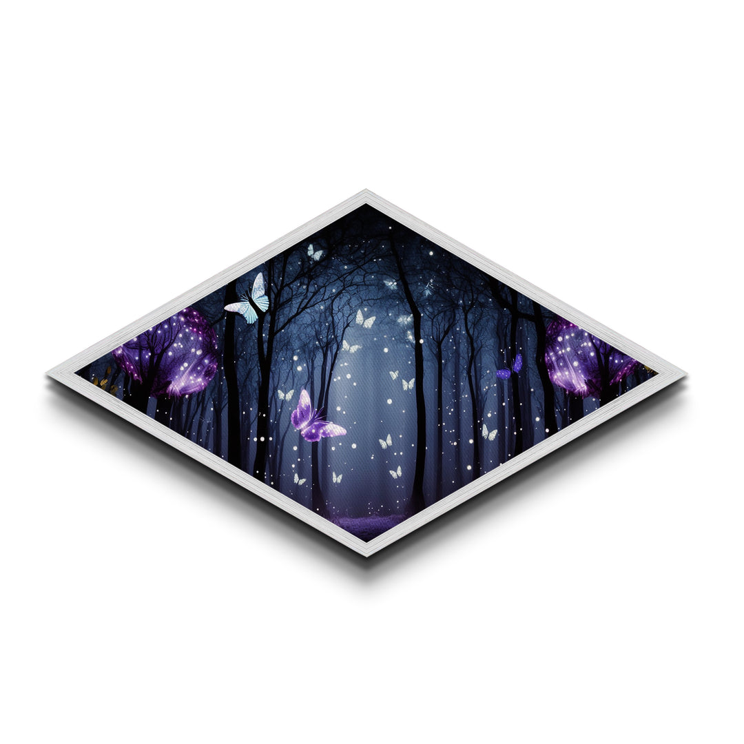 Enchanted Forest Glow – Diamond Shaped Canvas Art Print with glowing butterflies, dreamy purple woodland, fantasy wall decor, nightscape art