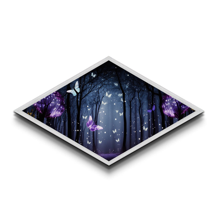 Enchanted Forest Glow – Diamond Shaped Canvas Art Print with glowing butterflies, dreamy purple woodland, fantasy wall decor, nightscape art
