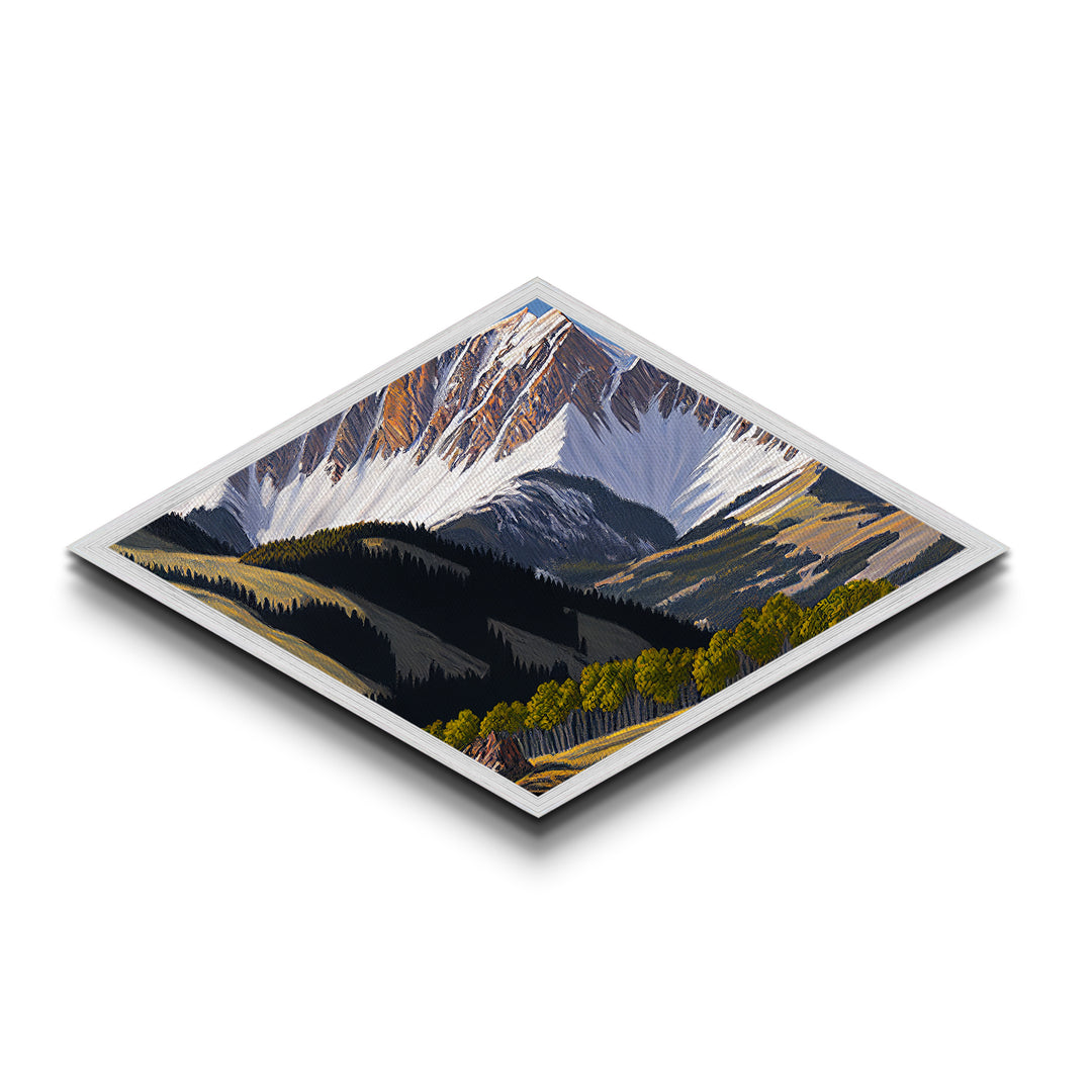 Snowcap Forest Light – Diamond Shaped Canvas Textured Print with alpine mountain landscape, fall forest shadow play, nature inspired home art