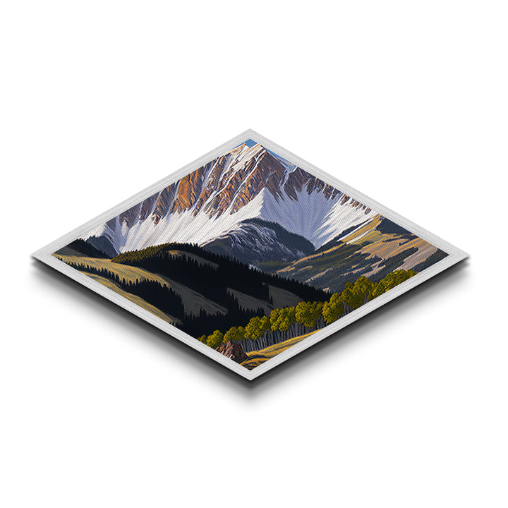 Snowcap Forest Light – Diamond Shaped Canvas Textured Print with alpine mountain landscape, fall forest shadow play, nature inspired home art