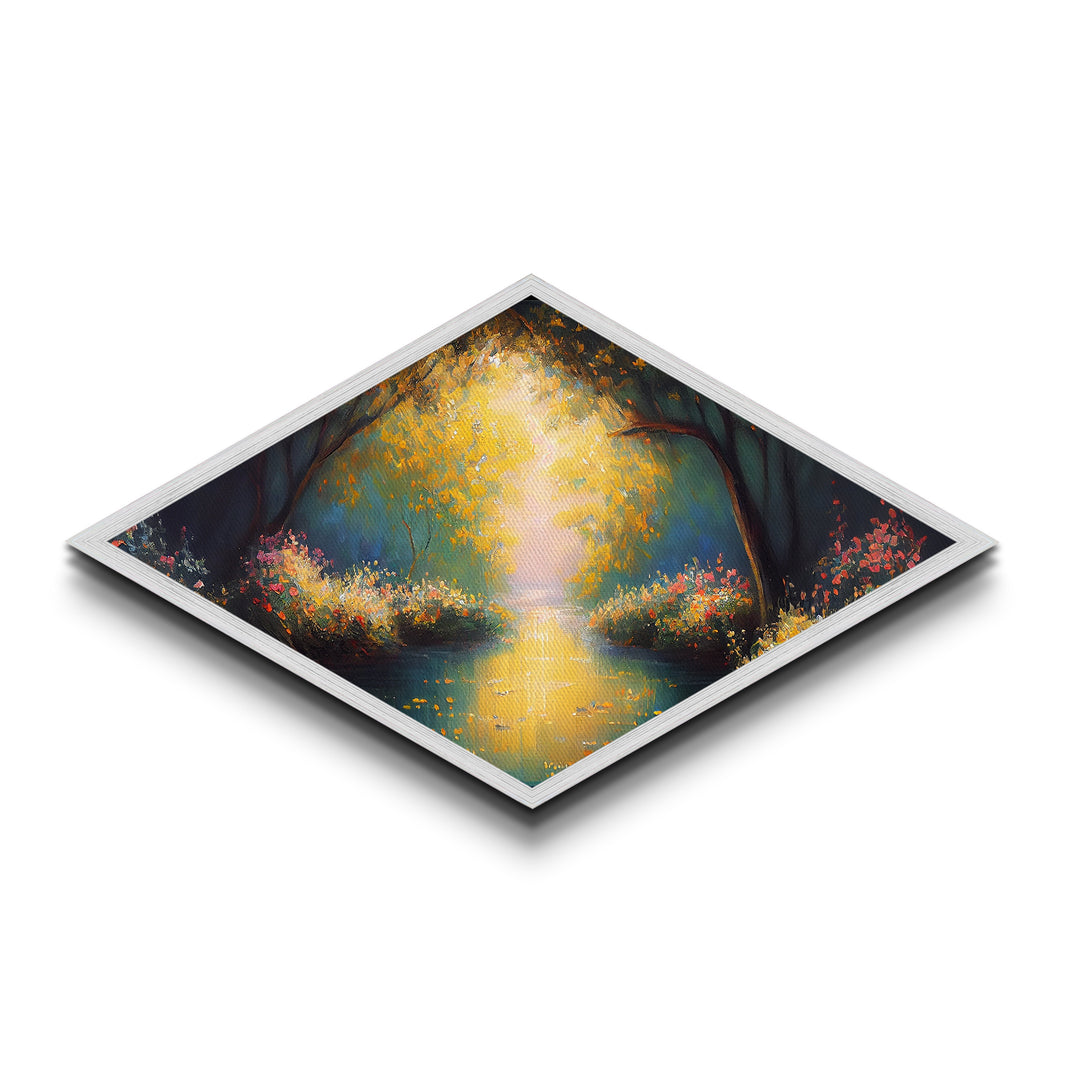 Golden Forest Path – Diamond Shaped Canvas Embossed Print with radiant trees, glowing sunset river, impressionist woodland nature painting